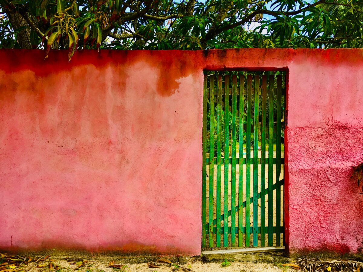 Bright green wooden gate set in a pink wall.