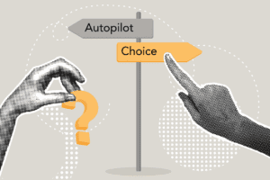 Fingers point to arrows and question mark to illustrate the concept of choice